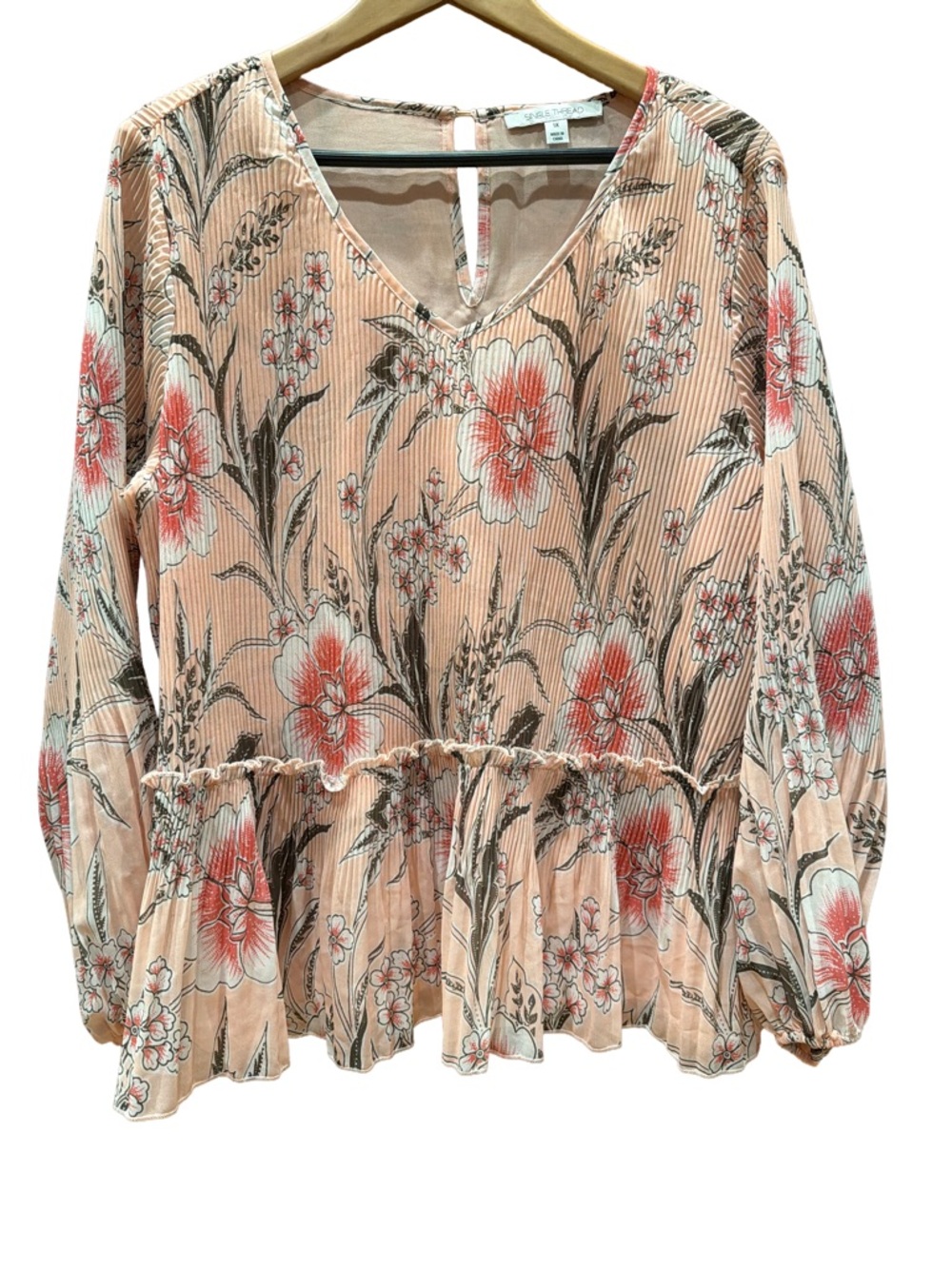 Single Thread 1X Vneck blouse floral long sheer sleeve sheer accordion lined